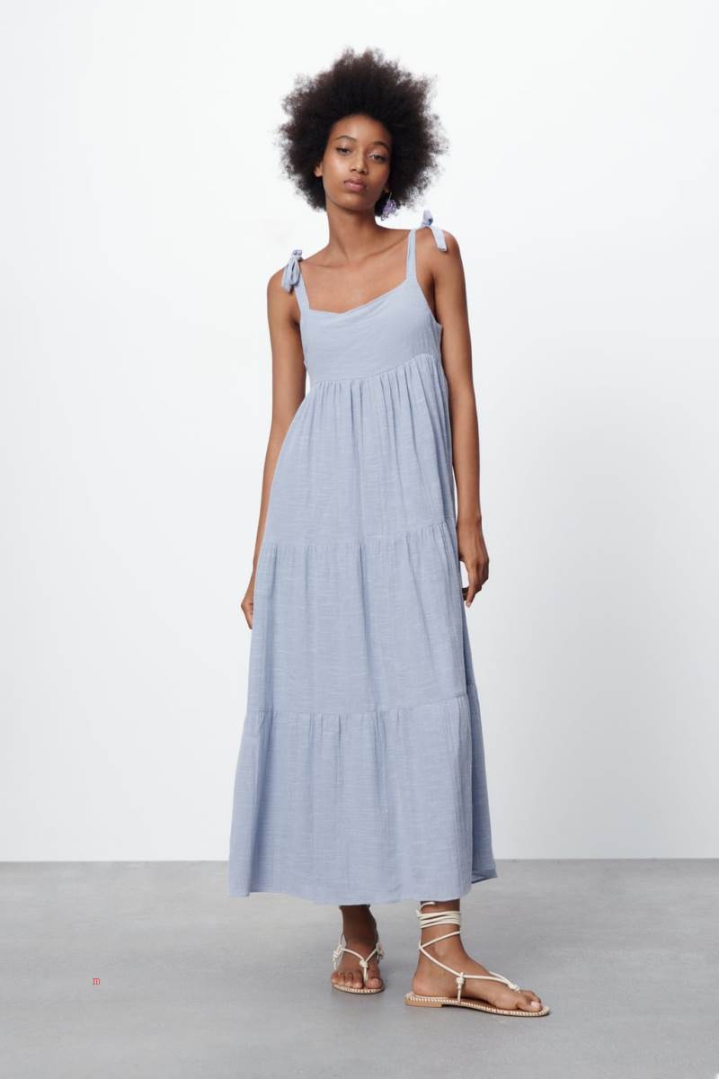 ZARA TIERED COTTON Klänning Dam Ljusblå | NQKLB-5031