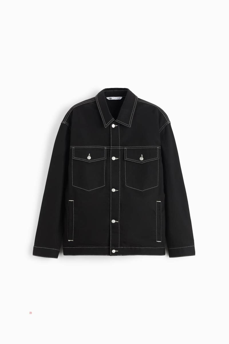 ZARA TOPSTITCHED Jeansjacka Herr Svarta | SUFDA-7596