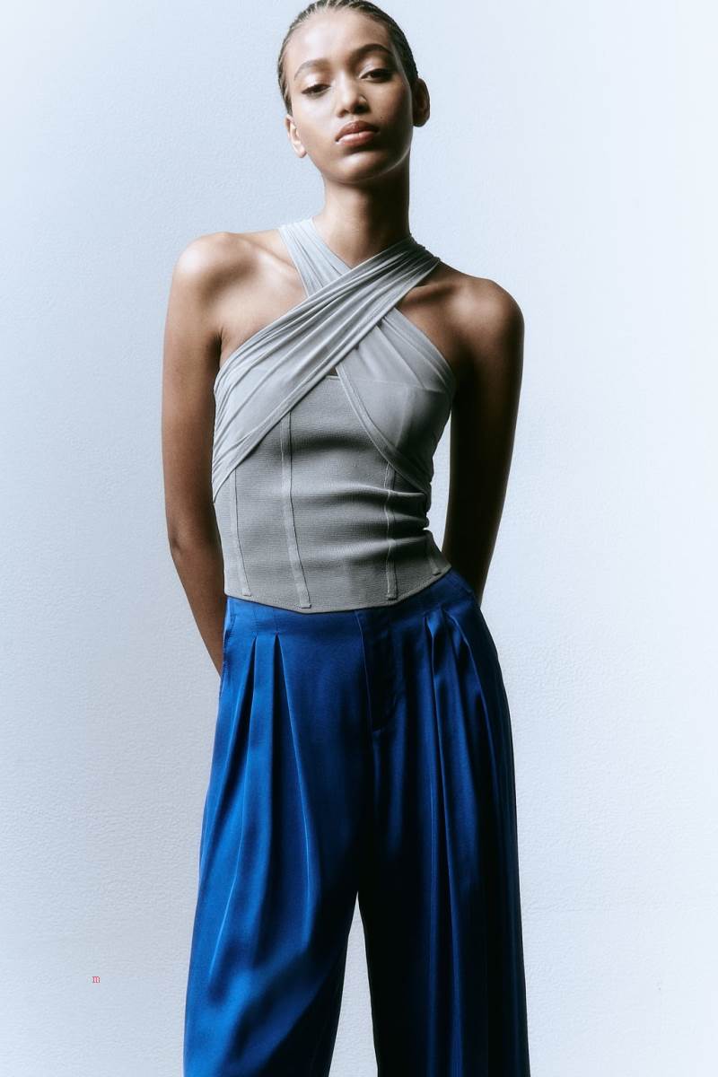 ZARA TULLE KNIT CORSETRY-INSPIRED TOP Korsett Dam Grå Blå | MJUEW-1932