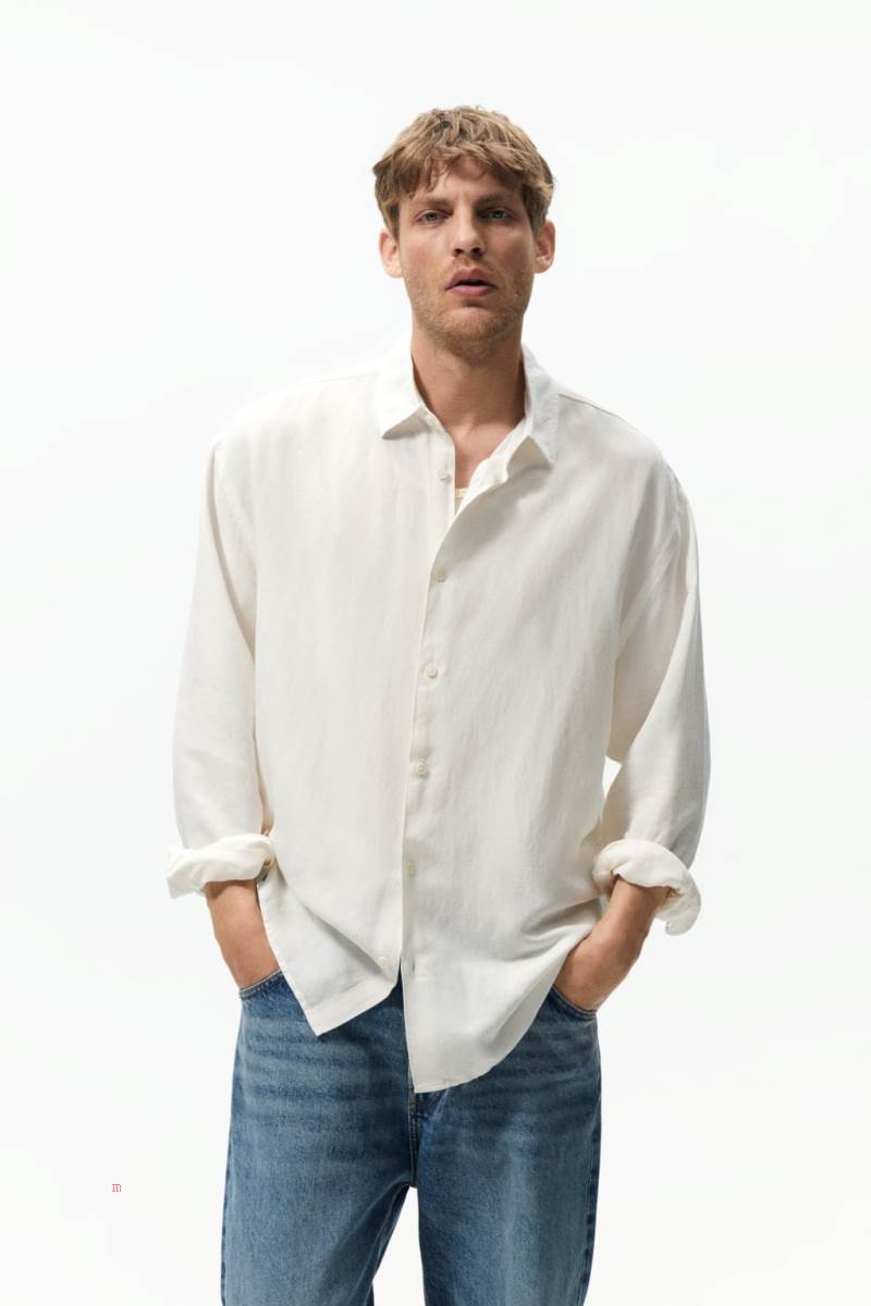 ZARA VISCOSE/LINEN BLEND Skjorta Herr Vita | ITZUJ-3472