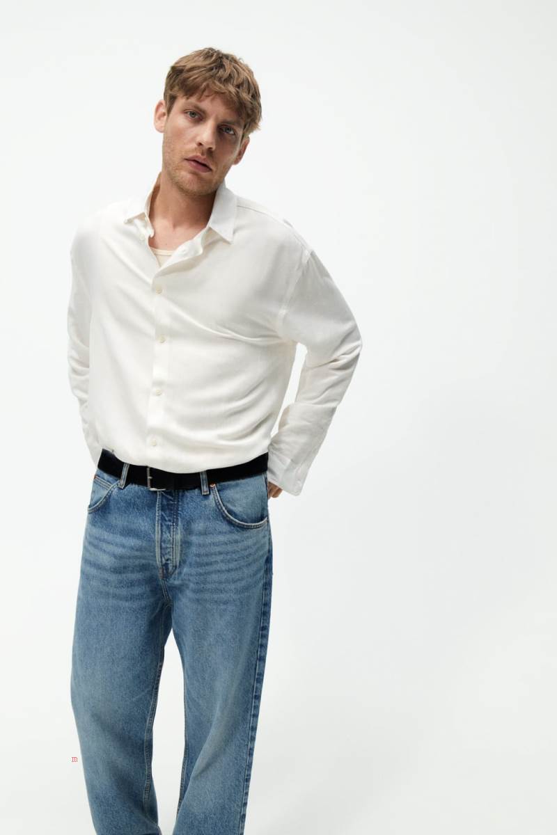 ZARA VISCOSE/LINEN BLEND Skjorta Herr Vita | ITZUJ-3472