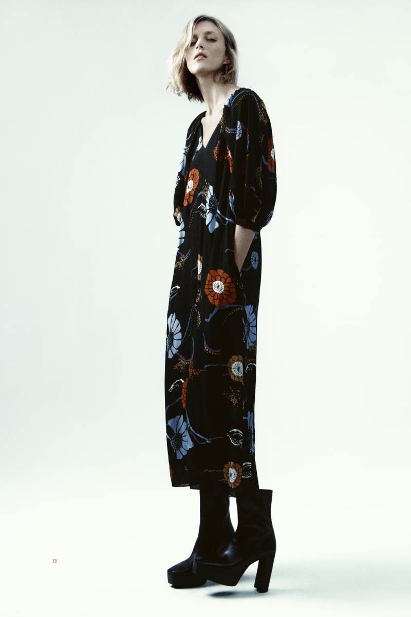 ZARA VOLUMINOUS PRINTED Klänning Dam Svarta Vita | BHJUS-7623