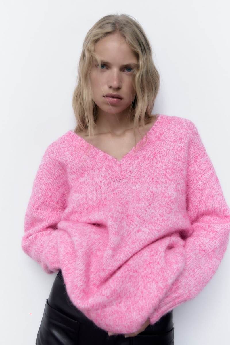 ZARA V-NECK KNIT Tröjor Dam Rosa | RPQGZ-9672