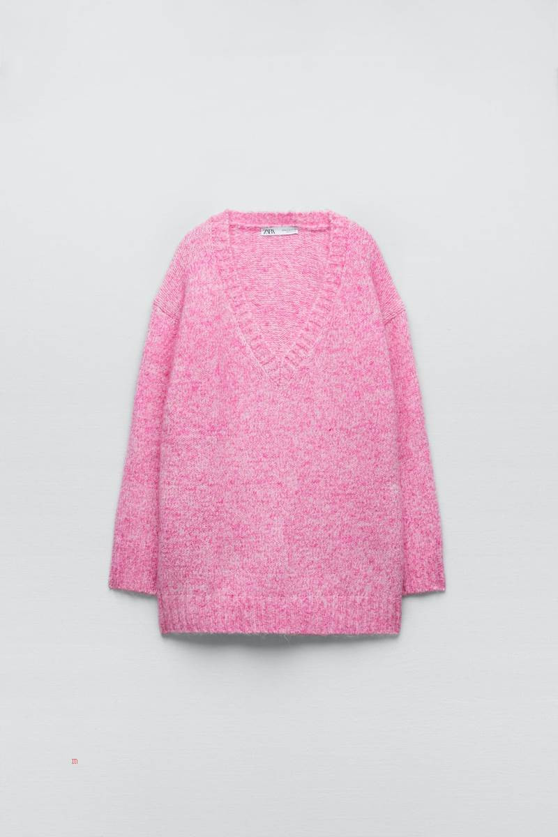 ZARA V-NECK KNIT Tröjor Dam Rosa | RPQGZ-9672
