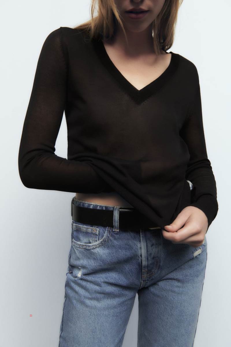 ZARA V-NECK KNIT Tröjor Dam Svarta | SEZWL-1237