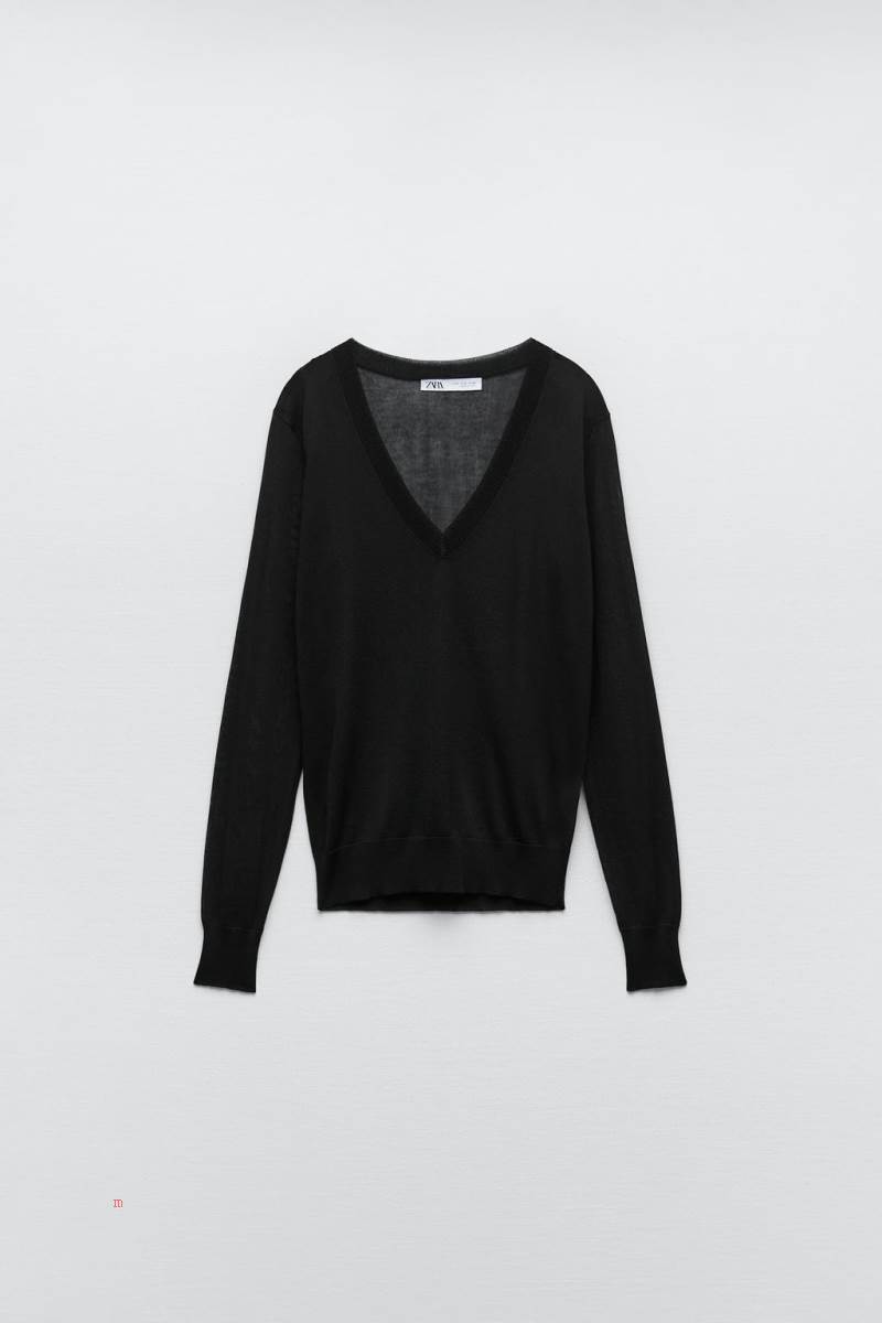 ZARA V-NECK KNIT Tröjor Dam Svarta | SEZWL-1237