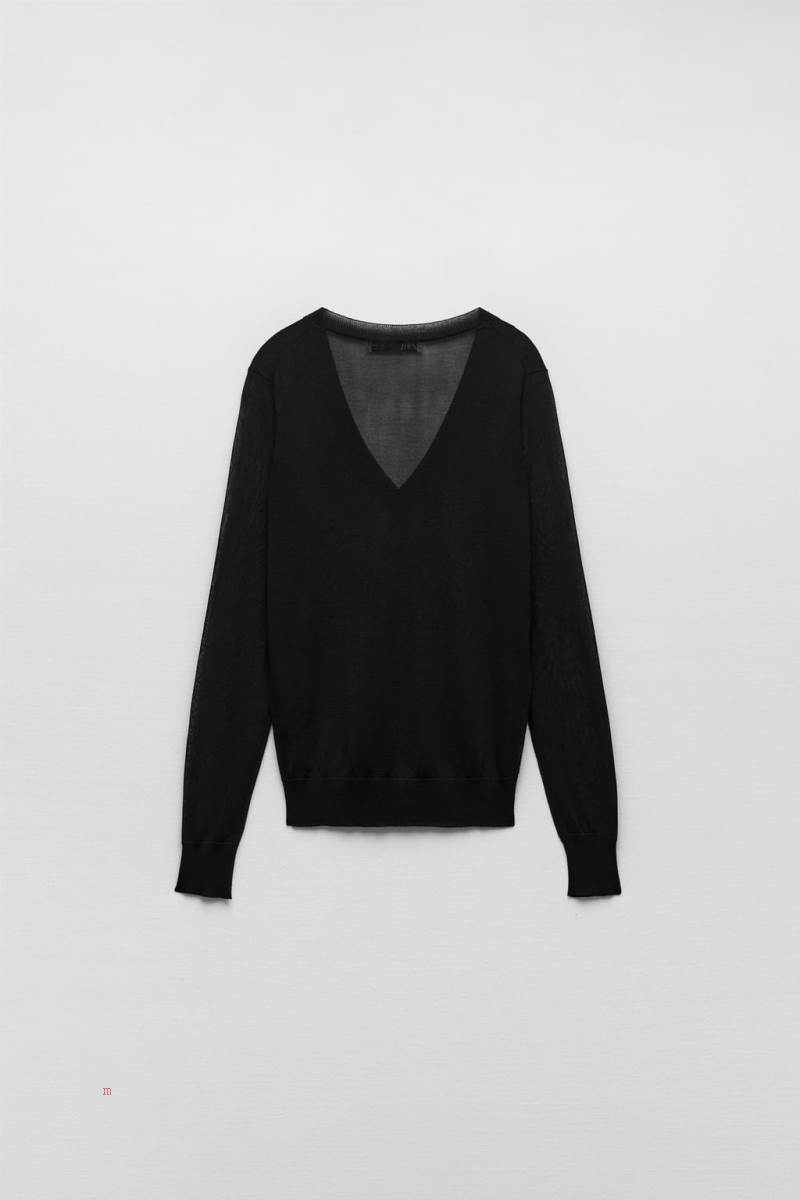 ZARA V-NECK KNIT Tröjor Dam Svarta | SEZWL-1237