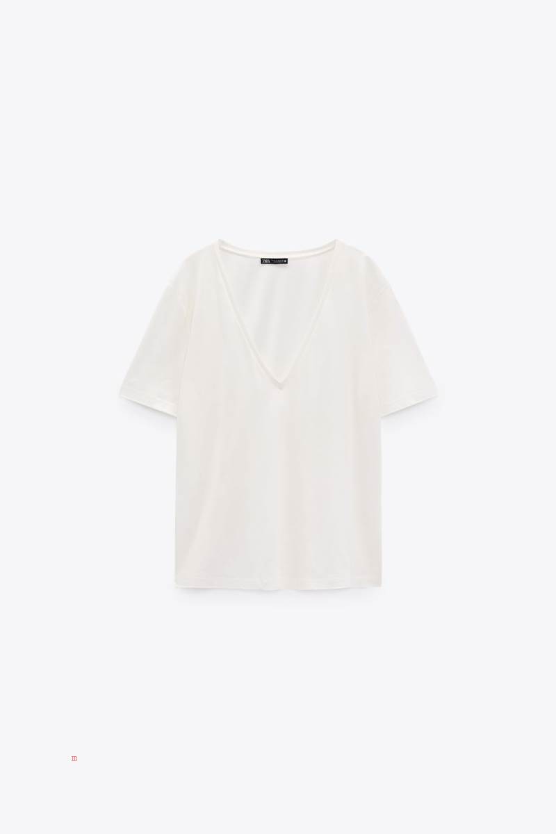 ZARA V-NECK T-shirt Dam Vita | WCOPX-9175