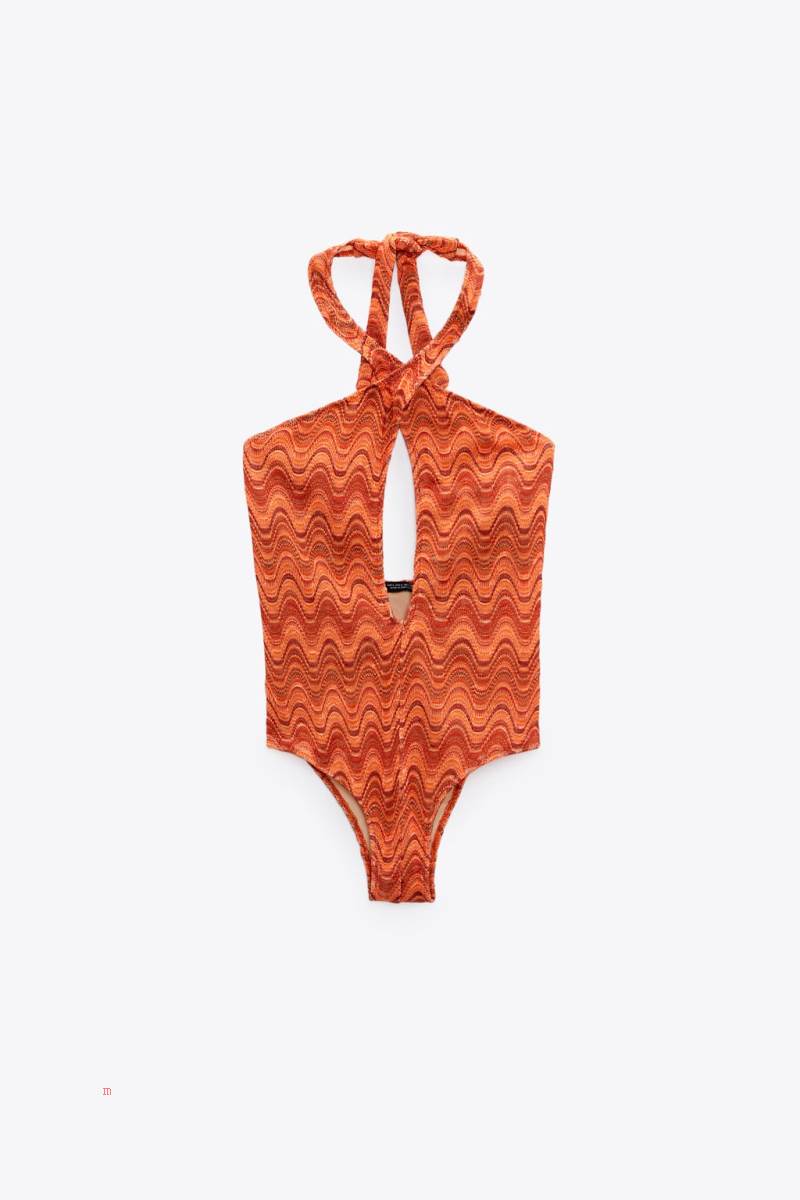 ZARA WAVY PRINT HALTER Baddräkter Dam Orange | JBWQH-7486