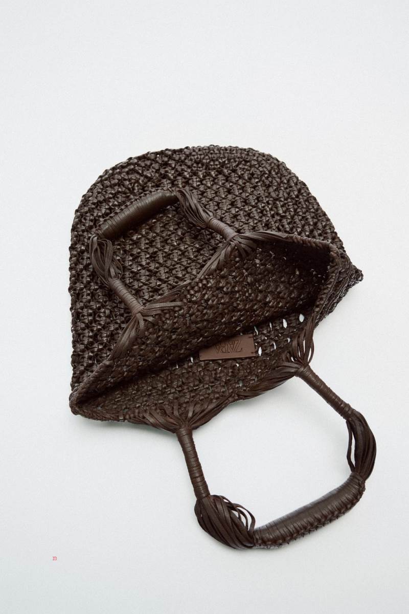 ZARA WOVEN LEATHER BUCKET BAG Läderväska Dam Bruna | YDLEV-7264