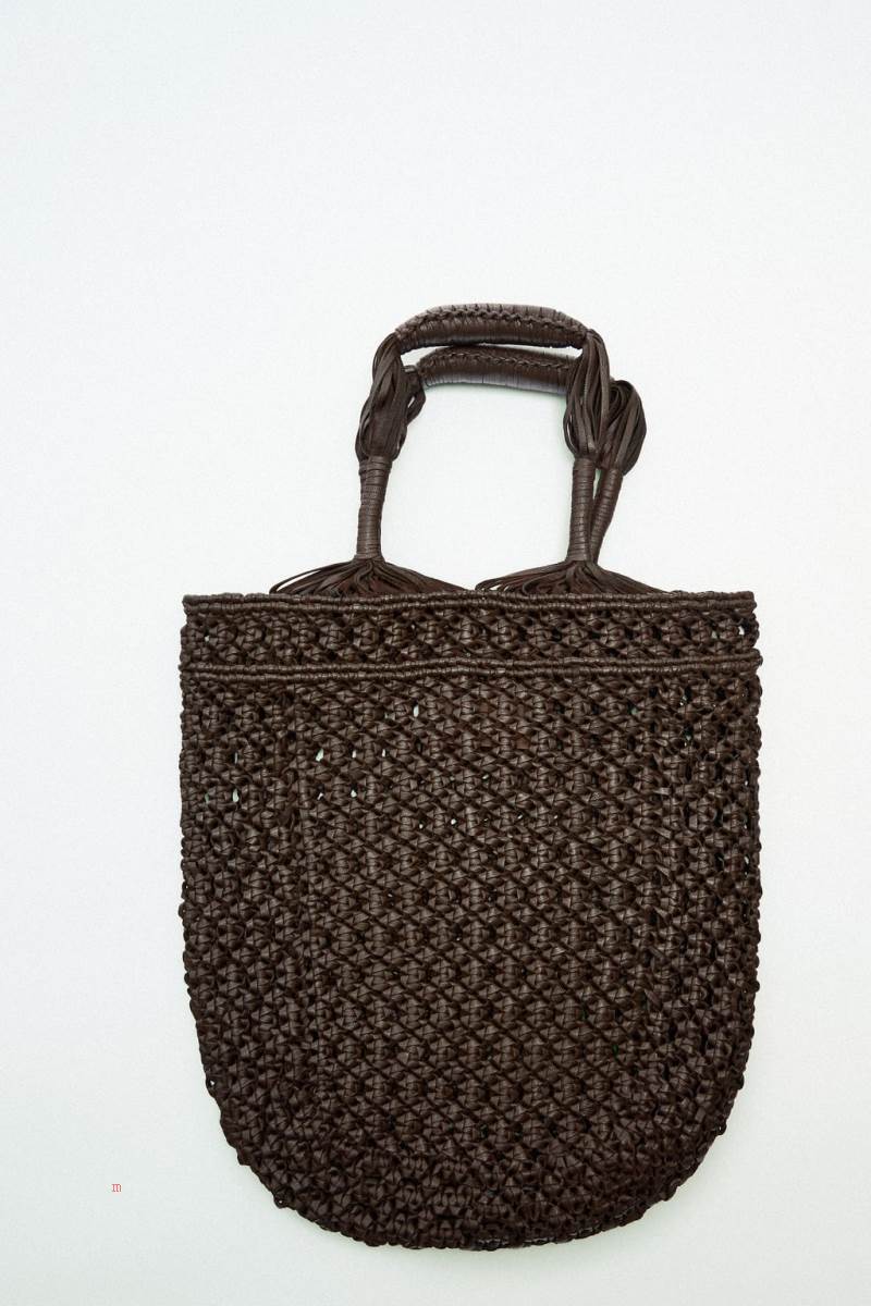 ZARA WOVEN LEATHER BUCKET BAG Läderväska Dam Bruna | YDLEV-7264