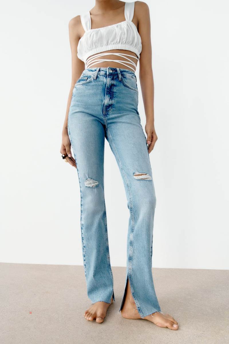 ZARA Z1975 HIGH RISE SLIM FLARED WITH RIPPED DETAILS Jeans Dam Blå | NIJAP-1094