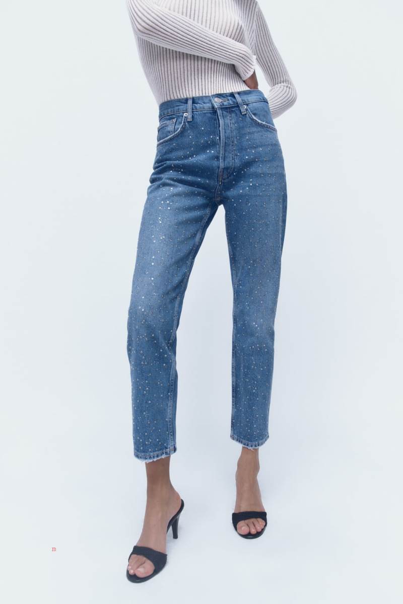 ZARA ZW THE HIGH RISE CROPPED WITH RHINESTONES Jeans Dam Blå | COVNU-2870