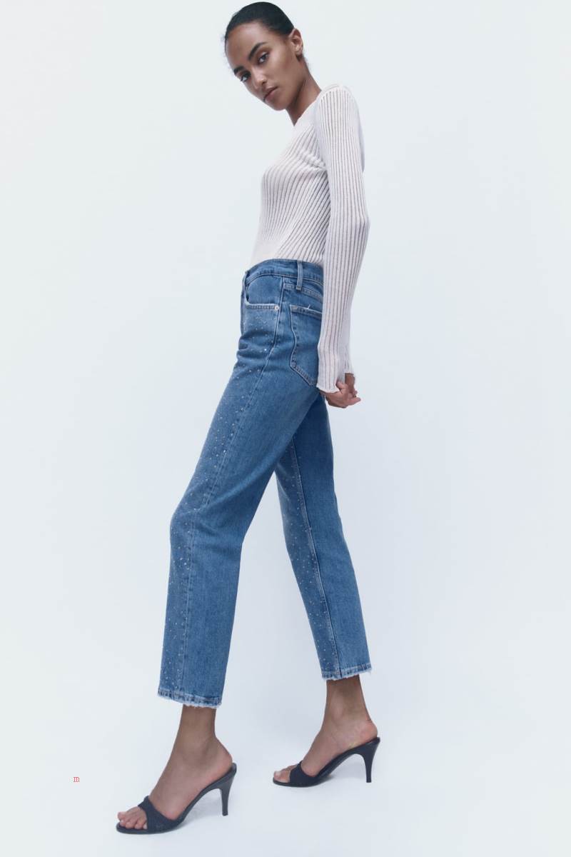 ZARA ZW THE HIGH RISE CROPPED WITH RHINESTONES Jeans Dam Blå | COVNU-2870