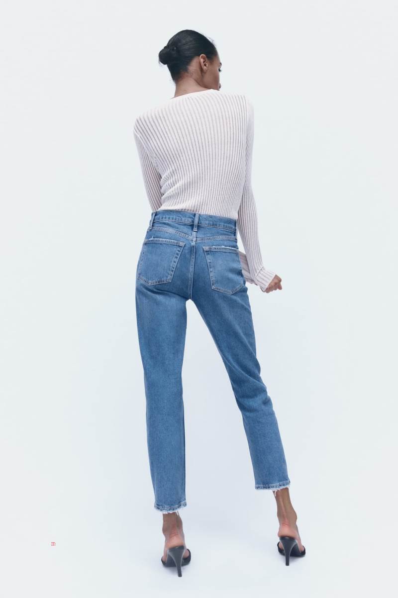 ZARA ZW THE HIGH RISE CROPPED WITH RHINESTONES Jeans Dam Blå | COVNU-2870