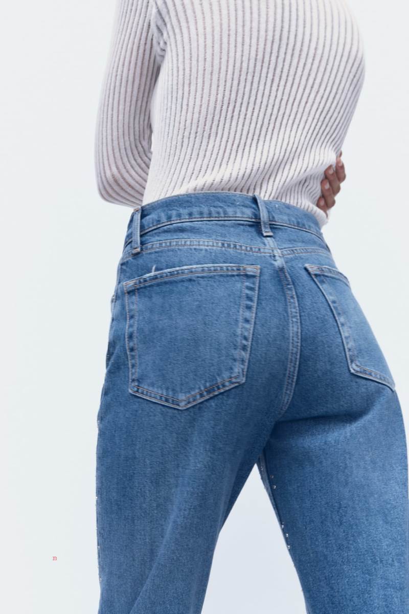ZARA ZW THE HIGH RISE CROPPED WITH RHINESTONES Jeans Dam Blå | COVNU-2870