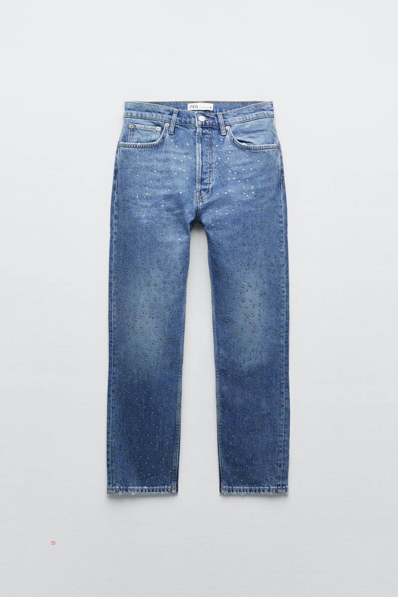 ZARA ZW THE HIGH RISE CROPPED WITH RHINESTONES Jeans Dam Blå | COVNU-2870