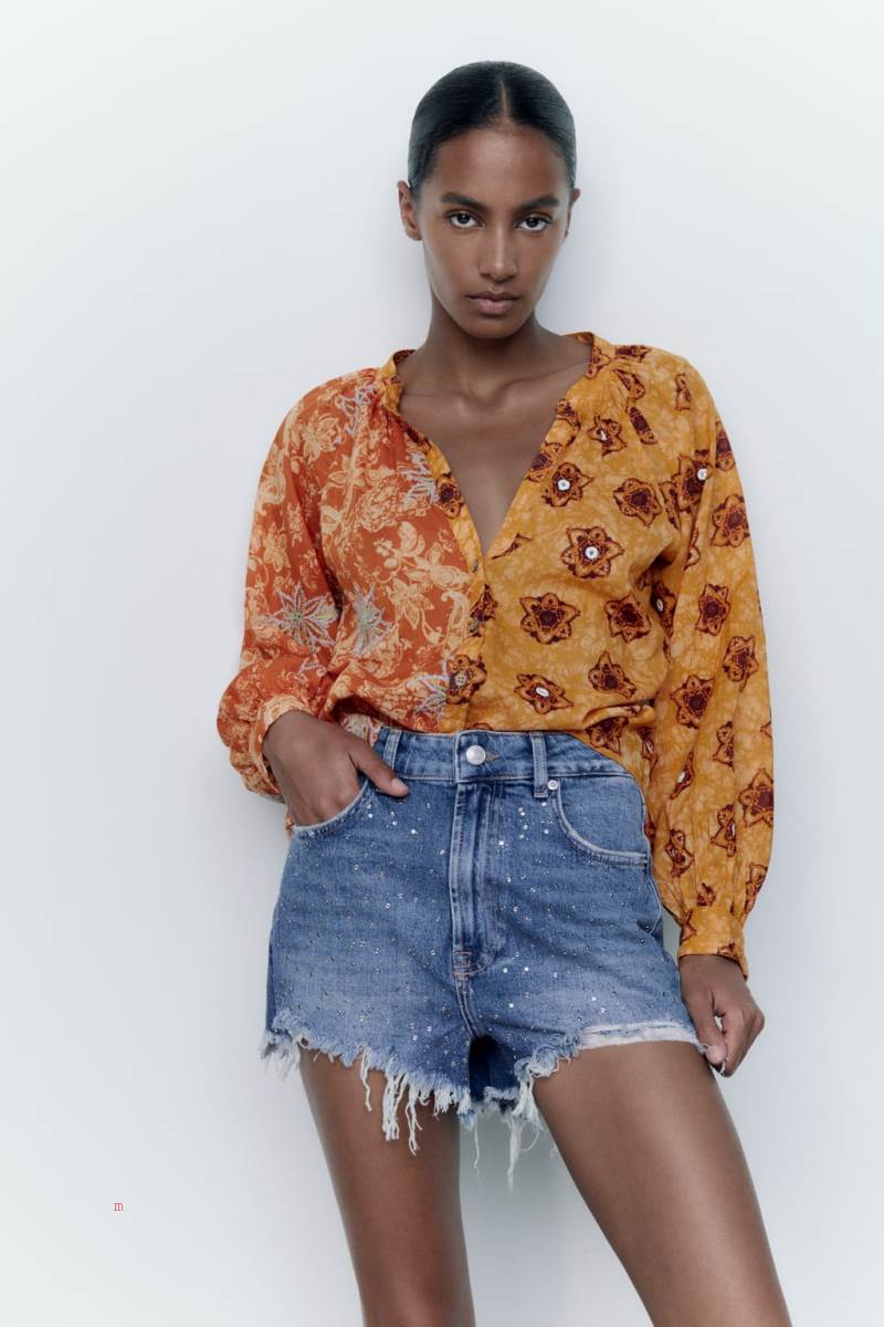 ZARA ZW THE HIGH WAIST RINHESTONE Shorts Dam Blå | HAQEF-0216