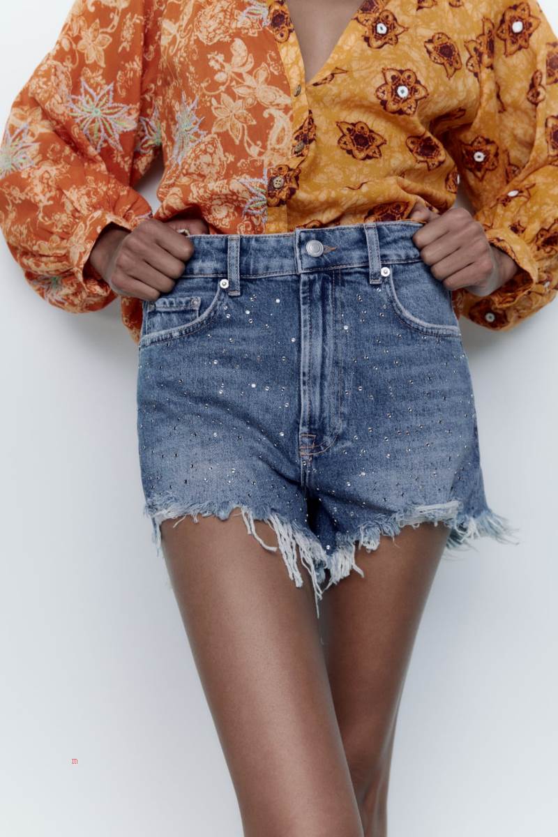 ZARA ZW THE HIGH WAIST RINHESTONE Shorts Dam Blå | HAQEF-0216