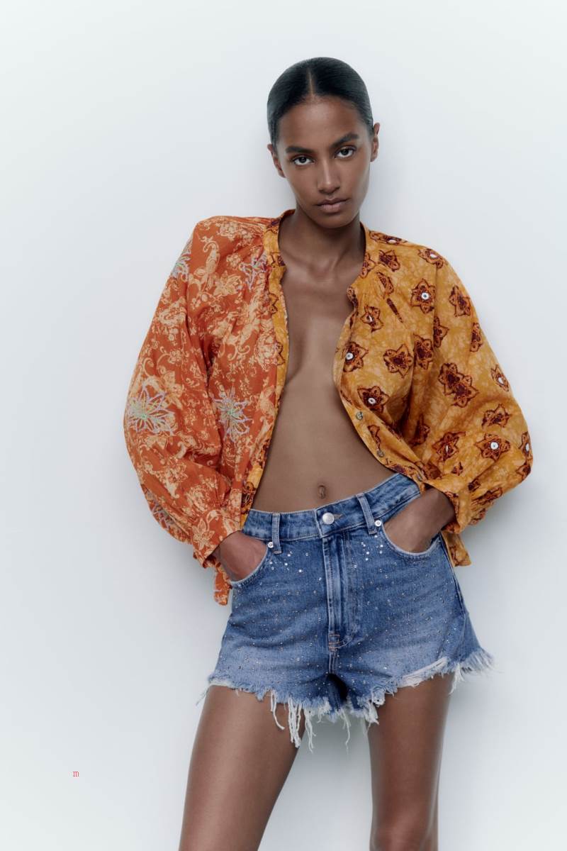 ZARA ZW THE HIGH WAIST RINHESTONE Shorts Dam Blå | HAQEF-0216