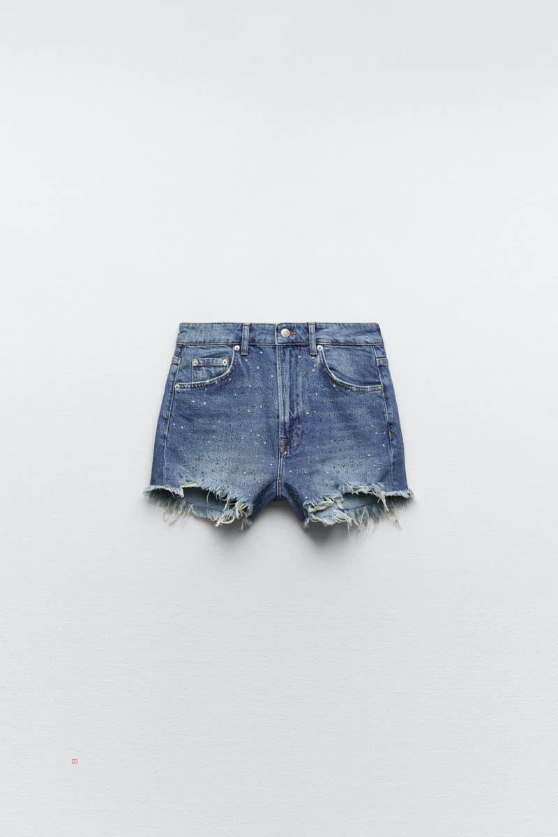 ZARA ZW THE HIGH WAIST RINHESTONE Shorts Dam Blå | HAQEF-0216