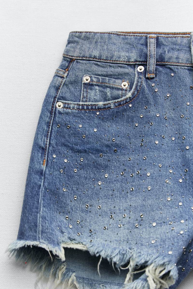 ZARA ZW THE HIGH WAIST RINHESTONE Shorts Dam Blå | HAQEF-0216