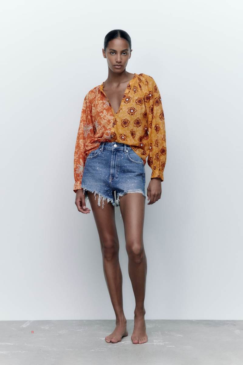 ZARA ZW THE HIGH WAIST RINHESTONE Shorts Dam Blå | HAQEF-0216