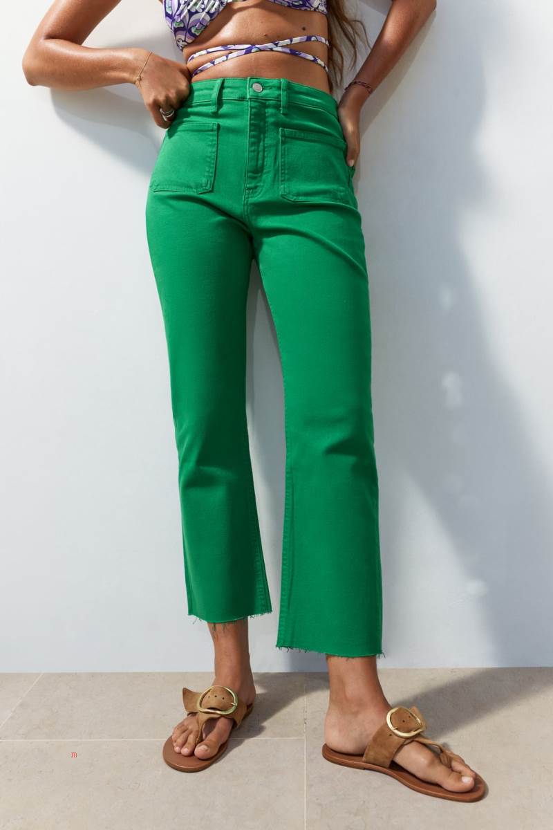 ZARA ZW THE SAILOR CROPPED FLARE Jeans Dam Gröna | VINEM-0618