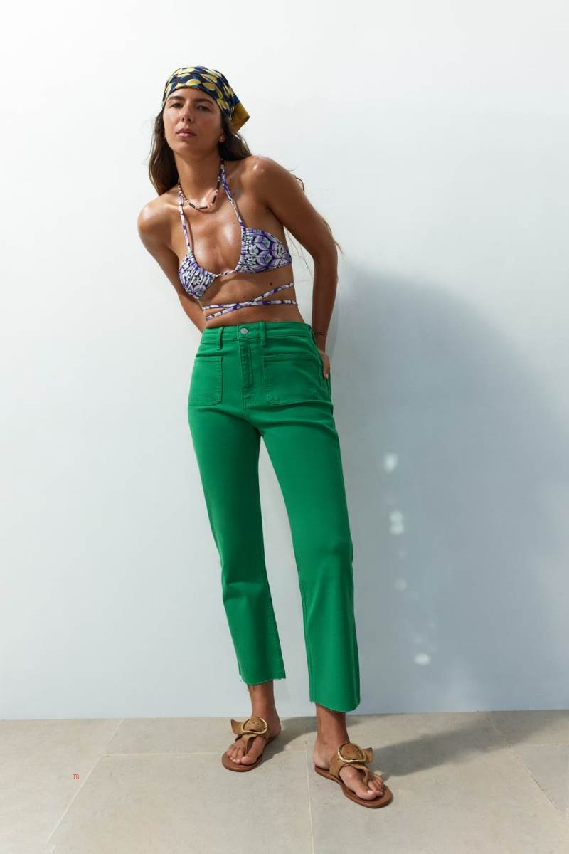 ZARA ZW THE SAILOR CROPPED FLARE Jeans Dam Gröna | VINEM-0618